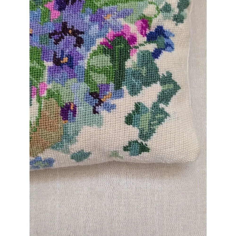 Vintage Floral Needlepoint Pillow - Purple, Pink & Green Violets